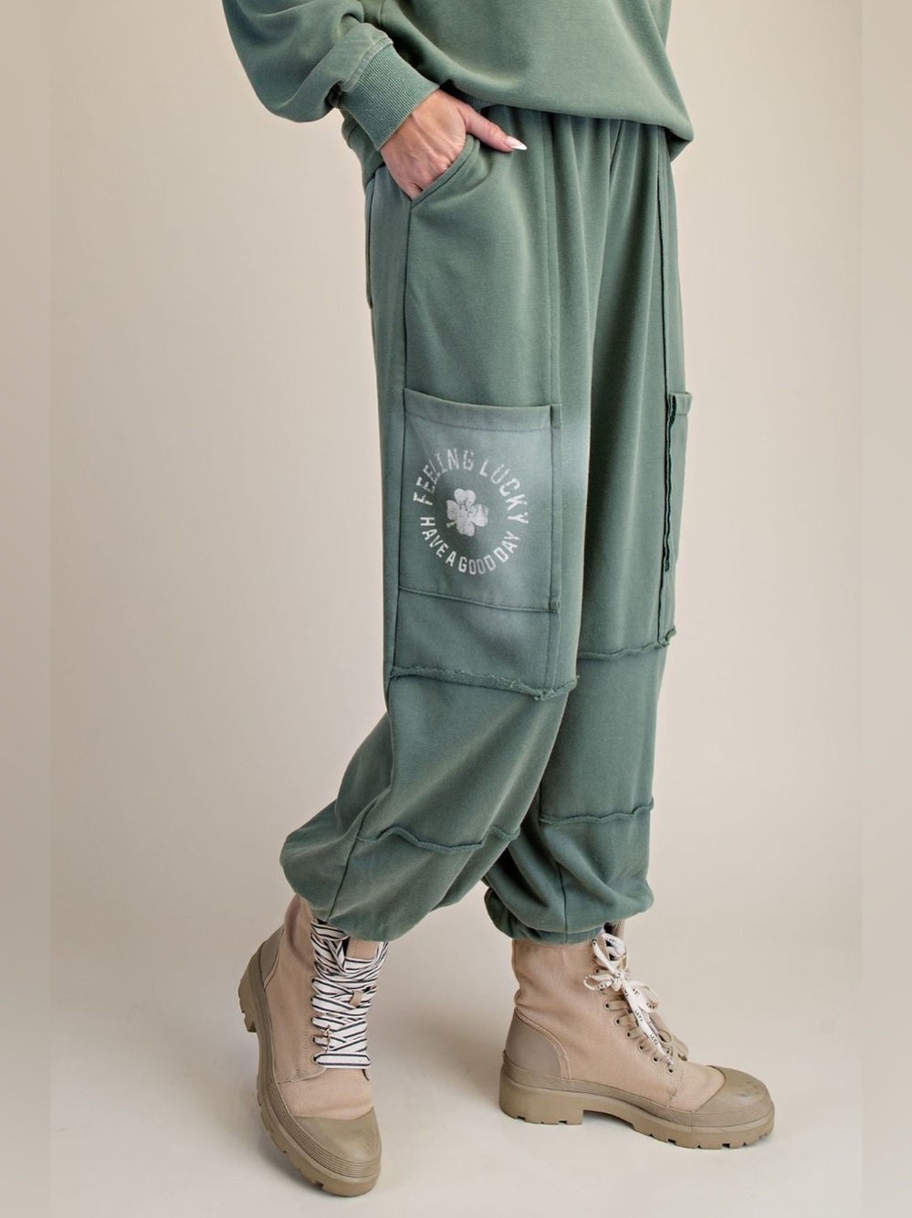 Easel Juniper Green Feeling Lucky Washed Terry Jogger Pants - Picture 2 of 3